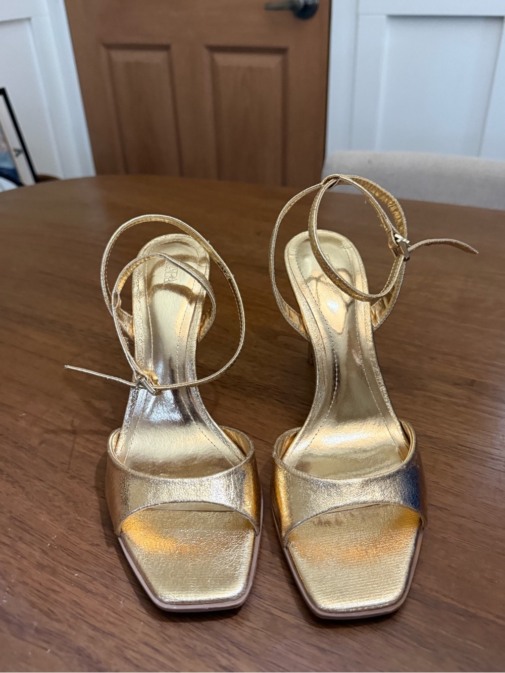 Zara Gold Metallic Square-Toe Ankle-Strap Sandals
